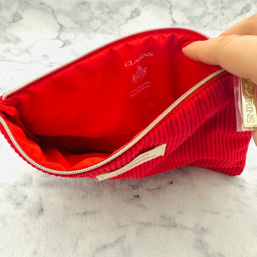 Clarins Beauty Gift Set-Red Pouch,Eye Cream,Face Cream,Cleanser&Mascara-5pc-NEW